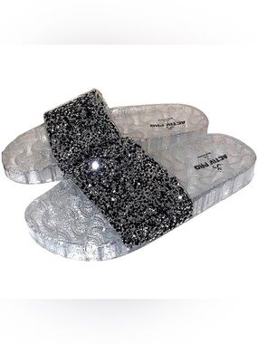 Active Pro Sparkly Metallic Beaded Embellished Jelly Sandals Gray Silver Comfy